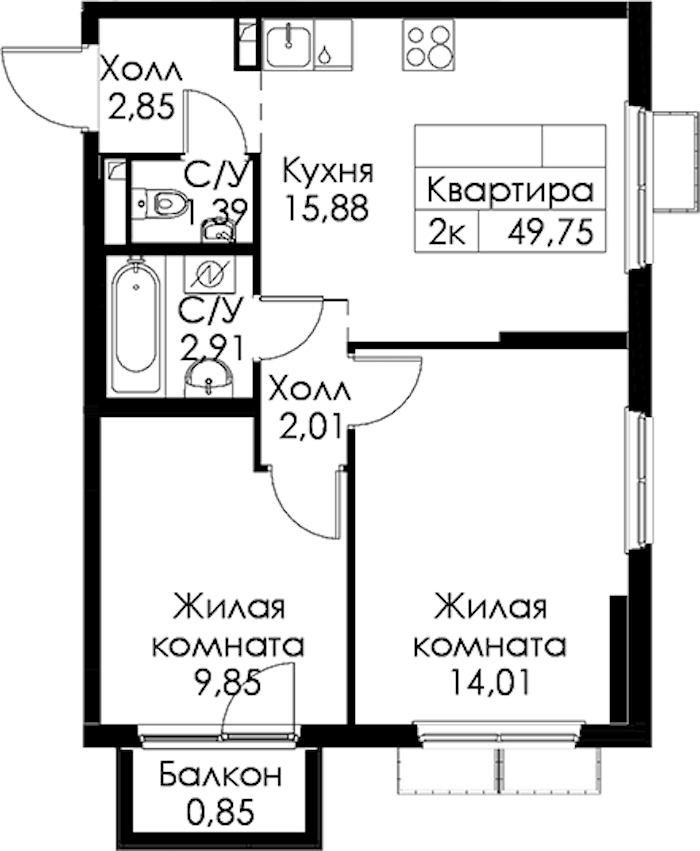 2-комнатная квартира 49.75 м², 11/15 эт., ЖК «Янинский лес»